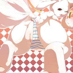 anthro anus big_butt bottomwear butt clothing clothing_aside crossgender feet female fur genitals hindpaw kemono long_inner_ear_fluff one_eye_closed open_mouth panties panties_aside pattern_background pattern_bottomwear pattern_clothing pattern_panties pattern_underwear paws presenting red_eyes simple_background solo striped_bottomwear striped_clothing striped_panties striped_underwear stripes tail underwear underwear_aside vulva white_body white_fur mumu puella_magi puella_magi_madoka_magica kyubey incubator_(puella_magi) 1:1