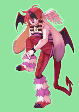 anthro back_wings black_collar black_highlights black_hooves bridge_piercing clothed clothing cloven_hooves collar collar_tag cowlick crossdressing dress ear_piercing ear_ring ear_stud facial_piercing feathered_wings feathers fishnet_clothing fishnet_leggings fishnet_legwear floppy_ears fluffies fur fur_leg_warmers furgonomic_piercing furgonomics green_background hair head_wings highlights_(coloring) hooves humanoid_hands leg_warmers leggings legwear lip_piercing long_ears lop_ears male membrane_(anatomy) membrane_piercing membranous_wings mismatched_wings nose_piercing on_one_leg piercing putting_on_clothes raccoon_tail_hair red_body red_fur red_hair ring_piercing septum_piercing simple_background smile snakebite_piercing solo spade_tail standing tail unusual_wing_placement white_body white_feathers white_fur wing_piercing wings yellow_eyes onigiriad angel bovid caprine demon goat hybrid lagomorph leporid mammal rabbit 2025 absurd_res clip_studio_paint_(artwork) digital_drawing_(artwork) digital_media_(artwork) full-length_portrait hi_res portrait trans_(lore) trans_man_(lore)