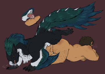 all_fours anal anal_penetration anus ass_to_ass balls bestiality bodily_fluids butt cum duo erection feral feral_penetrating feral_penetrating_human genital_fluids genitals human_on_feral human_penetrated interspecies male male/male male_on_feral male_penetrated male_penetrating male_penetrating_male penetration penis sex scolopendra_(artist) capcom monster_hunter bird_wyvern human mammal seikret hi_res