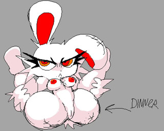 anthro arrow_pointing_to_crotch breasts directional_arrow female genitals grey_background nipples plushie red_nipples simple_background solo stitch_(sewing) vulva white_body ministerhomer 2spot_studio bloody_bunny_(series) bloody_bunny animate_inanimate lagomorph leporid living_plushie mammal rabbit