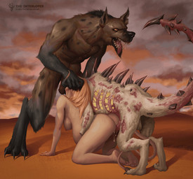 anthro blonde_hair bodily_fluids breasts brown_body brown_fur cum cum_in_vagina cum_inside female feral fur genital_fluids gore group hair horn male male/female pregnant pregnant_sex sex spikes tail text trio white_body white_fur the_interloper found_(character) demon gnoll human hyena mammal shoosuva tiefling absurd_res hi_res story story_in_description url
