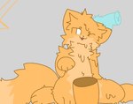 ambiguous_gender bucket container disembodied_hand dripping duo fur headpat multicolored_body multicolored_fur on_ground one_eye_closed orange_body orange_fur orange_sclera sitting solo_focus white_eyes fr3yo kaiju_paradise roblox catte_(kaiju_paradise) felid feline goo_creature gootraxian mammal