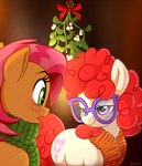 bedroom_eyes blush brown_body cutie_mark duo eyelashes female female/female feral freckles green_eyes hair kissing_bough mistletoe narrowed_eyes orange_scarf plant purple_eyes red_hair scarf seductive smile white_body sorc friendship_is_magic hasbro my_little_pony babs_seed_(mlp) twist_(mlp) equid equine mammal 2017 digital_drawing_(artwork) digital_media_(artwork)