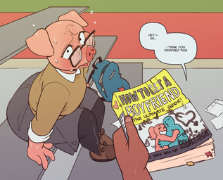 anthro backpack bodily_fluids bottomwear clothing dialogue duo ellipsis embarrassed eyewear female first_person_view footwear glasses looking_at_viewer male nerd nervous shoes skirt speech_bubble sweat sweatdrop text not_enough_milk domestic_pig human mammal suid suine sus_(pig) 2024 digital_media_(artwork) english_text hi_res