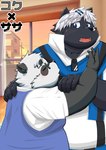 anthro belly big_belly black_body blue_eyes blush clothing detailed_background duo eyes_closed eyewear glasses humanoid_hands inside kemono male male/male overweight overweight_male shirt text topwear white_body kiyo vtuber kokuba_hoeguro sasayama_akira bear canid canine giant_panda mammal 2022 hi_res japanese_text