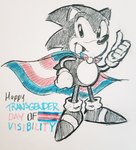 anthro back_spikes cape clothing footwear gesture gloves hand_gesture handwear head_spikes lgbt_pride male open_mouth pride_colors shoes simple_background socks solo spikes spikes_(anatomy) standing text thumbs_up transgender_pride_colors white_background sodaft_potato classic_sonic_(universe) international_transgender_day_of_visibility sega sonic_the_hedgehog_(series) classic_sonic sonic_the_hedgehog eulipotyphlan hedgehog mammal 2023 english_text graphite_(artwork) hi_res marker_(artwork) traditional_media_(artwork)