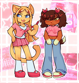 anthro anthrofied bottomwear breasts brown_body brown_fur cellphone clothing denim denim_bottomwear denim_clothing duo electronics fangs female flip_phone footwear fur gloves_(marking) green_eyes jeans knee_highs legwear markings open_mouth open_smile pants pattern_bottomwear pattern_clothing pattern_skirt paws phone pigtails plaid plaid_bottomwear plaid_clothing plaid_skirt shoes skirt smile sneakers tail teeth y2k_(fashion) yellow_body yellow_fur emobemob hasbro littlest_pet_shop littlest_pet_shop:_popular brooklyn_hayes lps_339 lps_675 savannah_reed american_shorthair canid canine canis dachshund domestic_cat domestic_dog felid feline felis hunting_dog mammal hi_res
