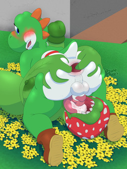69_position anal anal_fingering anal_fluids anthro anus backsack balls big_butt blue_eyes blush blushing_profusely bodily_fluids breasts butt butt_grab butt_squish clothing cum cum_in_mouth cum_inside cum_on_tongue darkened_nipples drinking drinking_cum duo fingering flower footwear footwear_only gaping gaping_anus genital_fluids genitals green_body green_lips gynomorph gynomorph/male hand_on_butt hand_on_penis intersex intersex/male lips long_tongue looking_back male mostly_nude open_mouth oral orange_spikes penis perineum plant red_face saliva saliva_on_tongue saliva_string sex sharp_teeth shell shoes shoes_only short_tail spots spread_anus spreading squish tail teeth text tongue tongue_out tonguejob white_butt white_spots bonebees mario_bros nintendo yoshi_(character) elemental_creature flora_fauna piranha_plant yoshi 2026 absurd_res artist_name digital_drawing_(artwork) digital_media_(artwork) hi_res