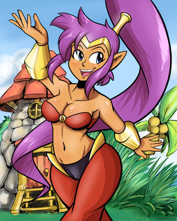 blue_eyes breasts building clothing cloud day female grass hair house humanoid_pointy_ears long_hair navel not_furry open_mouth open_smile outside plant pointy_ears ponytail purple_hair smile solo anaugi shantae_(series) wayforward shantae genie humanoid 2015 4:5