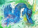 4_toes ambiguous_gender blue_body blue_fur feet feral fur happy jumping leaf looking_at_viewer open_mouth plant_tail running smile solo toes fuzzymaro canid canine fox mammal 2020 painting_(artwork) signature traditional_media_(artwork) watercolor_(artwork)