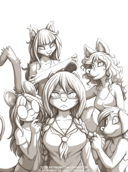 anthro big_breasts breasts bullying disappointed eyewear female glasses group makeover simple_background snow white_background conditional_dnp jay_naylor emergence alicia_(jay_naylor) darla_(jay_naylor) francine_(jay_naylor) isadora_(jay_naylor) persephone_(jay_naylor) canid canine canis domestic_cat domestic_dog felid feline felis fox leopard mammal mouse murid murine pantherine rodent 2025 hi_res sketch