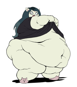 anthro belly belly_rolls big_belly big_butt blue_hair butt clothed clothing clothing_lift fangs fat_arms fat_legs female footwear fur hair huge_belly long_hair looking_at_viewer morbidly_obese morbidly_obese_anthro morbidly_obese_female no_underwear obese obese_anthro obese_female occult_symbol open_mouth overweight overweight_anthro overweight_female pentagram shoes simple_background slippers solo standing symbol teeth white_background white_body white_fur fapolantern cartoon_hangover the_summoning claire_(the_summoning) domestic_cat felid feline felis mammal hi_res