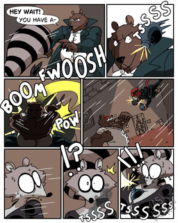 anthro big_breasts black_clothing bodily_fluids bodysuit bomb boots breasts clothed clothing coat detective dialogue explosion explosives eyewear female female_anthro femme_fatale footwear fur goggles group hostage huge_breasts jacket kick male markings monkey_tail museum nervous nervous_sweat police pouch_(clothing) raccoon_tail running running_away scared shocked shoes skinsuit smoke smoke_bomb smoke_cloud stripes sweat tail tail_markings text thief tight_clothing topwear trio diegutan marcos_the_bear monkey_joe_(diegutan) uva_the_raccoon bear brown_bear haplorhine mammal monkey primate procyonid raccoon ursine 4:5 absurd_res aliasing binary_drawing comic digital_drawing_(artwork) digital_media_(artwork) english_text hi_res