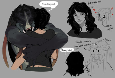 5_fingers black_eyes buffering clothed clothed_female clothed_human clothing confusion dialogue duo eyes_closed female female_human female_on_humanoid fingers hair heart_symbol hug human_on_humanoid interspecies light_body light_skin long_hair male male/female male_humanoid male_on_human mandibles nude_humanoid nude_male pseudo_hair scissors sharp_teeth short_hair teeth tentacle_hair tentacles text thought_bubble wide_eyed xenophilia leafjuly predator_(franchise) alien alien_humanoid human humanoid mammal yautja absurd_res colored english_text hi_res monochrome