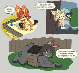 all_fours angry anthro barefoot black_body black_fur black_hair black_nose blonde_eyebrows blonde_hair blue_clothing blue_dress blue_eyes blush blush_lines branch breasts brown_body brown_fur brown_stripes brown_tail_tip buried buried_in_sand butt clenched_teeth clothing cloud confusion convenient_censorship crotch_lines dialogue dipstick_tail doghouse dress embarrassed eyebrows feet female fence fur grass grey_body grey_fur grey_tail group hair ill inner_ear_fluff markings navel nude orange_body orange_eyes orange_fur orange_tail partially_buried pink_nose plant rabbit_ears raised_tail red_eyebrows red_eyes red_hair sand sand_shovel sandbox scut_tail short_tail shovel speech_bubble striped_markings striped_tail stripes tail tail_markings tan_body tan_fur tan_tail teeth text tongue tongue_out tools torn_clothing tree trio tuft young young_anthro young_female bisonvega cat_girl_(bisonvega) fox_girl_(bisonvega) mom_bunny_(bisonvega) canid canine domestic_cat felid feline felis fox lagomorph leporid mammal rabbit 2026 comic english_text hi_res