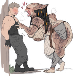 areola barefoot big_breasts black_sclera blush bodily_fluids boots bottomwear breasts clothed clothing duo feet female fingerless_gloves fingers fishnet_clothing footwear gloves grey_hair hair handwear heart_symbol interspecies long_hair male male/female mandibles open_mouth orange_eyes pants shirt shoes short_hair slightly_chubby sweat tank_top thick_thighs topwear lightsource predator_(franchise) alien humanoid yautja absurd_res hi_res
