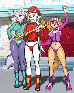 anthro black_body black_fur blue_eyes boots building butt butt_grab clothed clothing collar confetti female firefighter footwear fur group hand_on_butt jacket key male nervous nervous_smile outside purple_body purple_fur shoes skimpy smile speedo swimwear tan_body tan_fur thong topwear trio underwear white_body white_fur diacordst paw_patrol everest_(paw_patrol) marshall_(paw_patrol) skye_(paw_patrol) bird_dog canid canine canis cocker_spaniel dalmatian domestic_dog hunting_dog husky mammal nordic_sled_dog spaniel spitz absurd_res hi_res