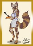 anthro apron apron_only clothing female food green_eyes markings mostly_nude mottled neck_tuft no_shading pancake simple_background solo striped_markings striped_tail stripes tail tail_markings tuft deerwalker african_wild_dog canid canine mammal colored flat_colors hi_res