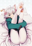 :o accessory ahoge alternate_species bell blue_eyes bow_(feature) bow_accessory bow_ribbon butt cat_tail clothing cosplay crotch_seam ear_piercing feet female footprint fur grey_hair hair hair_accessory hair_bow hair_ribbon hood hooded_jacket humanoidized jacket jingle_bell legs_up legwear long_hair looking_at_viewer looking_up looking_up_at_viewer lying no_shoes on_back open_mouth pantyhose pawprint paws piercing pillow pink_bow presenting presenting_hindquarters print_clothing print_legwear ribbons sleeves_past_wrists soles solo tights topwear white_body white_clothing white_fur white_legwear white_tights eventh7 eromanga-sensei eromanga_sensei izumi_sagiri sagiri_izumi animal_humanoid cat_humanoid felid felid_humanoid feline feline_humanoid humanoid mammal mammal_humanoid full-length_portrait hi_res portrait