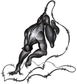 5_fingers barbed_wire big_muscles black_body black_hair claws crawling finger_claws fingers hair male muscular muscular_humanoid muscular_male nude simple_background thorned_tail thorns three-quarter_view toe_claws top_heavy white_background 4chan_anon animal_humanoid animate_inanimate humanoid mammal mammal_humanoid monster monstrous_humanoid 2025 digital_media_(artwork) full-length_portrait portrait shaded soft_shading
