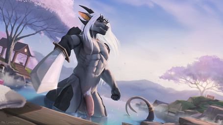 abs anthro balls bathing black_body black_scales foreskin forked_tail genitals grey_body hair holding_object holding_weapon horn hot_spring humanoid_genitalia humanoid_penis long_hair male melee_weapon mountain nude outdoor_nudity outside partially_submerged penis plant pubes scales skinny_dipping solo standing_in_water sword tail threatening towel tree unusual_anatomy unusual_tail water weapon white_hair lynncore mythology dragon mythological_creature mythological_scalie reptile scalie 16:9 widescreen