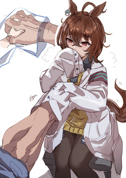 ahoge blush brown_hair clothing coat covering covering_mouth embarrassed eyebrow_through_hair eyebrows female hair hand_holding lab_coat oversized_clothing sitting solo_focus sweater tail topwear translucent translucent_hair bow_(artist) cygames uma_musume_pretty_derby agnes_tachyon_(pretty_derby) animal_humanoid equid equid_humanoid equine equine_humanoid horse_humanoid humanoid mammal mammal_humanoid 2021