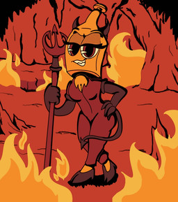 alcohol alcohol_bottle anthro beverage breasts cleavage clothed clothing costume demon_horns_(accessory) devil_costume eyelashes female fire for_a_head hand_on_butt hell hellfire hooves long_eyelashes pitchfork rubberhose sharp_teeth simple_background simple_coloring smile solo spade_tail tail teeth tools underground crazy_8_animations gin_brixton object_head shaded simple_shading