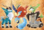 ambiguous_gender blue_body blue_fur chest_tuft feral fur green_body green_fur grey_body grey_fur group horn orange_eyes quadruped smile tuft portugueselynx nintendo pokemon cobalion generation_5_pokemon keldeo keldeo_(resolute_form) legendary_pokemon pokemon_(species) swords_of_justice terrakion virizion