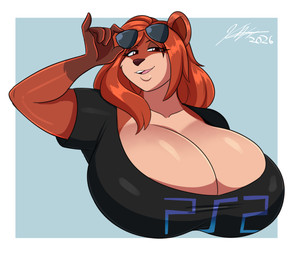 anthro big_breasts black_clothing black_shirt black_topwear breasts brown_body cleavage clothed clothing eyelashes eyewear female glistening glistening_body hair huge_breasts multicolored_body open_mouth pupils shirt simple_background smile solo sunglasses topwear jwinkz bear mammal hi_res