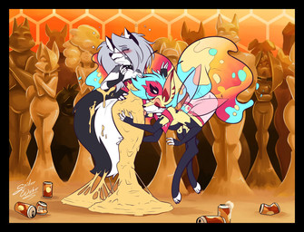 4_arms alcohol ambiguous_gender anthro back_wings beer beverage black_body black_border black_fur blue_body blue_fur blush blush_lines border bound cartoon_freckles crossed_arms drunk encasement eyelashes female female/female freckled_face freckles fur grey_body grey_fur group honeycomb honeycomb_background inanimate_transformation licking long_eyelashes male motion_lines multi_arm multi_limb open_mouth peril petrification red_body red_fur sticky stuck substance_intoxication tongue transformation wax white_body white_fur wings yellow_body yellow_fur spiderweber hellaverse helluva_boss mythology loona_(helluva_boss) queen_bee-lzebub_(helluva_boss) ambiguous_species arthropod bee canid canid_demon canine canis demon hellhound hymenopteran insect lagomorph leporid mammal mythological_canine mythological_creature rabbit wolf hi_res