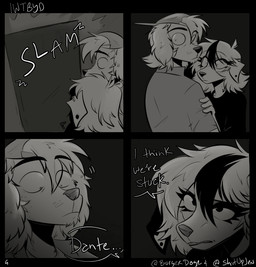 anthro clothed clothing dialogue female male text trapped shutupjen dante_(shutupjen) ouija_(shutupjen) canid canine canis dalmatian domestic_dog mammal comic english_text hi_res