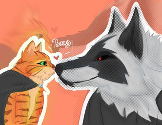 anthro black_clothing boop cape cheek_tuft chin_tuft clothed clothing daww duo eye_contact eyeliner facial_markings facial_tuft fur fuzzy green_eyes grey_body grey_fur half-closed_eyes head_markings heart_symbol looking_at_another looking_at_partner love makeup male male/male markings mask_(marking) narrowed_eyes neck_tuft nose_to_nose nose_touch orange_body orange_fur outline pink_background red_eyes semi-anthro side_view simple_background size_difference smile tuft whiskers elgatoconbotasamalamuertelobo dreamworks puss_in_boots_(franchise) death_(puss_in_boots) puss_in_boots_(dreamworks) canid canine canis domestic_cat felid feline felis mammal tabby_cat wolf