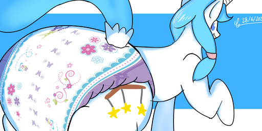 accessory blue_hair blue_tail diaper hair hair_accessory hair_tie horn lavender_(diaper) solo tail tied_hair wetness_indicator white_body ragesamuraix abuniverse hasbro lavender_(abuniverse) my_little_pony mythology equid equine mammal mythological_creature mythological_equine unicorn 2025 absurd_res dated hi_res signature