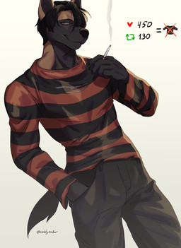 anthro black_body black_bottomwear black_clothing black_fur black_hair black_nose black_pants black_topwear bottomwear brown_body brown_fur cigarette closed_smile clothed clothing front_view fur hair hand_in_pocket holding_cigarette holding_object like_goal looking_at_viewer male male_anthro mouth_closed narrowed_eyes pants pattern_clothing pattern_topwear pockets red_clothing red_eyes red_topwear short_hair simple_background smile solo standing striped_clothing striped_topwear stripes topwear torn_clothing torn_topwear white_background cobu john_(cobe_xiu-xiu) canid canine mammal hi_res portrait three-quarter_portrait