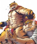 anthro barazoku biceps big_muscles blush bulge cigarette claws cloak clothed clothing duo eyewear fur glasses grope male male/male markings muscular muscular_male nipples orange_body orange_fur pecs smoke smoking standing stripes tail underwear nick300 build_tiger build_tiger_(character) buttertoast felid mammal pantherine tiger