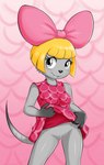 accessory animal_crossing anthro blonde_hair blush bottomwear bow_(feature) bow_accessory bow_ribbon breasts buckteeth centered_hair_bow clothed clothing clothing_lift dragontheshadows female fur genitals grey_body grey_fur hair hair_accessory hair_bow hair_ribbon hi_res mammal mouse murid murine nintendo penelope_(animal_crossing) pussy rat ribbons rodent short_hair skirt skirt_lift small_breasts smile solo teeth