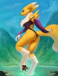 2018 3_toes absurd_res anthro armwear backless_clothing backless_swimsuit bandai_namco barefoot black_pawpads black_sclera blue_eyes breasts butt butt_pose canid canine claws clothed clothing curling_toes detailed_background digimon digimon_(species) digital_media_(artwork) digitigrade exposure_variation feet female fur hi_res long_legs looking_at_viewer looking_back mammal mountain neck_tuft one-piece_swimsuit open-back_swimsuit outside pawpads photonoko pose rear_view renamon soles solo sport_swimsuit swimwear thick_thighs toes tuft water wet yellow_body yellow_fur