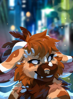 ambiguous_gender anthro black_sclera blurred_background brown_body brown_fur eyelashes fangs female fur hair horn multicolored_body multicolored_fur no_pupils nude nude_ambiguous nude_anthro nude_female orange_body orange_fur orange_hair smile solo teeth unsigned white_body white_eyes white_fur white_horn corzh77 dutch_angel_dragon 2022 absurd_res bust_portrait digital_media_(artwork) digital_painting_(artwork) hi_res painting_(artwork) portrait