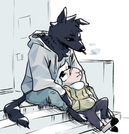 anthro barefoot blush cigarette clothed clothing duo feet female fur head_on_lap head_tuft hoodie interspecies larger_female lying male on_back on_lap orange_sclera outside predator/prey simple_background sitting size_difference smaller_male smoking stairs topwear tuft wool_(fur) nobby_(artist) disney pack_street zootopia betty_(weaver) fan_character remmy_cormo bovid canid canine canis caprine domestic_sheep mammal sheep wolf 2019