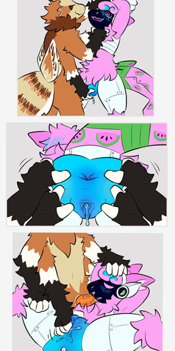 anthro anus arms_above_head asphyxiation black_body black_fur blue_body blush blush_lines brown_body brown_fur chest_tuft choking duo fellatio fellatio_while_penetrated female fingering food fruit fur humanoid_hands leaking_anus leaking_vagina looking_pleasured machine male male/female melon oral penile plant purple_body purple_fur sex shark_tail spread_anus spread_legs spreading tuft vaginal vaginal_fingering watermelon watermelon_slice white_body wings mazmaven arthropod insect lepidopteran moth protogen 2026 absurd_res comic digital_drawing_(artwork) digital_media_(artwork) english_description hi_res one_page_comic sequence