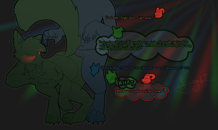 animal_genitalia anthro blue_body bulge claws cunnilingus_gesture detailed_bulge dialogue duo genitals gesture glowing glowing_eyes green_claws green_nose green_pawpads grinding_on_penis male male/male pawpads possession sheath suggestive suggestive_gesture teasing text frostidragon dji canid canine canis mammal wolf english_text hi_res