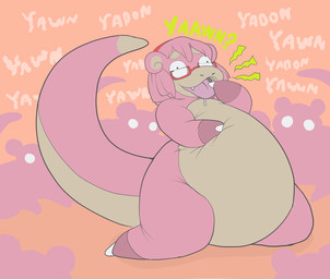 after_transformation ambiguous_gender anthro bodily_fluids drooling eyewear glasses group open_mouth orange_background saliva simple_background tail text thick_tail yawn pancakes_(artist) nintendo pokemon ren_(character) generation_1_pokemon pokemon_(species) slowpoke 2017 hi_res
