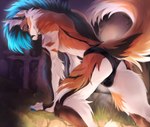 anthro athletic athletic_male bedroom_eyes butt cemetery clothed clothing fur hair male narrowed_eyes seductive smile solo tail sunnyowi canid canine mammal hi_res