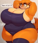 anthro big_breasts biped blush bodily_fluids breast_awe breasts bulging_breasts clothing curvy_figure dialogue eyelashes eyewear female female_anthro fur glasses huge_breasts implied_breast_expansion looking_at_breasts looking_at_own_breasts looking_at_self obese obese_anthro obese_female one-piece_swimsuit orange_body orange_fur overweight overweight_anthro overweight_female solo sweat swimwear tail text thick_thighs thought_bubble voluptuous wide_hips berseepon09 dog_girl_(berseepon09) canid canine canis domestic_dog mammal 2024 digital_drawing_(artwork) digital_media_(artwork) english_text hi_res shaded soft_shading