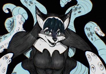 anthro black_clothing black_hair breasts clothing female green_eyes hair looking_at_viewer nun_habit open_mouth religious_clothing smile solo split_form suction_cup tentacles relevancy octonun_(dewriter) cecaelia marine merfolk 2025 digital_media_(artwork) hi_res