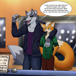 5_fingers anthro bottomwear clothing deceiving denim denim_bottomwear denim_clothing dominant dominant_male duo fingers flannel_shirt flirting fluffy fluffy_tail hotel jeans judging key larger_male lies male male/male night pants romantic size_difference smaller_male submissive submissive_male sweatshirt tail text starrffax nintendo star_fox fox_mccloud wolf_o'donnell canid canine canis fox humanoid mammal wolf 1:1 absurd_res english_text hi_res