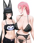 animal_ears big_breasts black_body black_clothing black_fur black_hair black_lingerie black_underwear blush blush_lines breasts cleavage clothed clothing duo ear_piercing embarrassed eyelashes female fur hair huge_breasts inner_ear_fluff lingerie long_hair navel piercing pink_hair purple_eyes red_eyes simple_background smile tan_body tan_skin thick_thighs tuft underwear white_background wide_hips wonbin_lee mihoyo mother_daughter_boob_envy_(meme) onegai_my_melody sanrio zenless_zone_zero hoshimi_miyabi kuromi miyabi_(zenless_zone_zero) tsukishiro_yanagi animal_humanoid canid canid_humanoid canine canine_humanoid fox_humanoid human humanoid mammal mammal_humanoid absurd_res hi_res meme