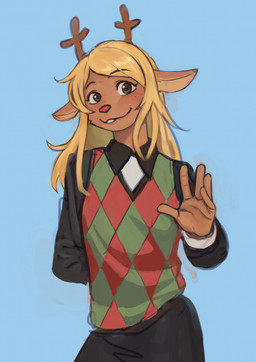 anthro antlers blonde_hair bottomwear clothed clothing female fur hair horn looking_at_viewer simple_background smile solo standing teeth topwear nyeong deltarune undertale_(series) noelle_holiday deer mammal new_world_deer reindeer digital_media_(artwork) hi_res