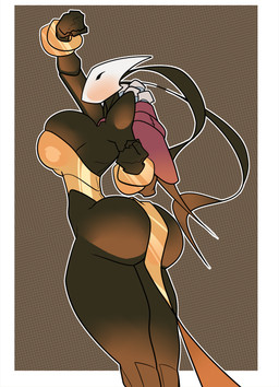 antennae_(anatomy) anthro big_breasts big_butt biped black_body breasts bubble_butt butt cleavage cleavage_overflow clothed clothing female fist horn huge_breasts huge_butt low-angle_view non-mammal_breasts raised_fist raised_hand segmented_body side_view skimpy small_waist solo thick_thighs winterwarning hollow_knight:_silksong hollow_knight_(franchise) team_cherry shakra_(hollow_knight:_silksong) arthropod insect 2025 hi_res