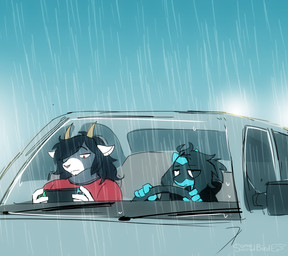 anthro black_body black_fur black_hair blue_body blue_fur car clothing driving duo electronics eye_through_hair facial_markings fluffy fluffy_hair fur game_console grey_body grey_fur hair hair_over_eye head_markings holding_nintendo_switch holding_object hoodie horn humanoid_hands long_hair male markings mask_(marking) proportionally_accurate_nintendo_switch raining red_clothing red_eyes red_shirt red_topwear shirt sitting steering_wheel switch_console topwear translucent translucent_hair vehicle white_body white_fur somesacredbird nintendo nintendo_switch pokemon fan_character gloomy_(gloomyloomer) riolu_(somesacredbird) bovid caprine domestic_goat generation_4_pokemon goat mammal pokemon_(species) pygmy_goat riolu 2026 digital_drawing_(artwork) digital_media_(artwork) english_description hi_res